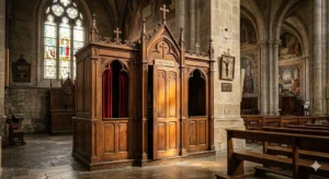 A beautifully lit traditional wooden confessional inside a Catholic church, representing the Sacrament of Reconciliation and God's mercy.